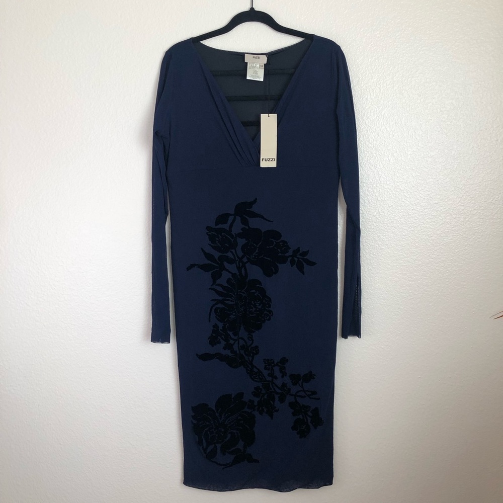 Fuzzi Floral Mesh Dress NEW + Tags Navy Blue V Neck Long sleeve Stretch Velvet
